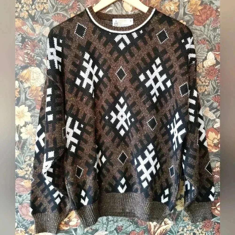 Vintage London Fog Brown Geometric Acrylic Sweater size Large